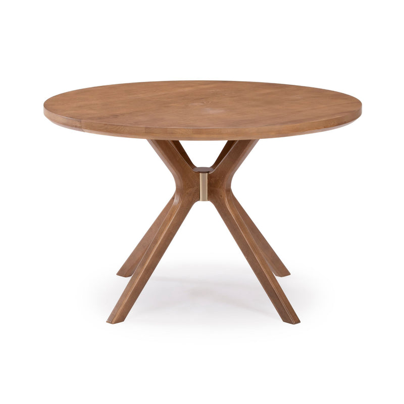Round wooden dining table with modern pedestal base.