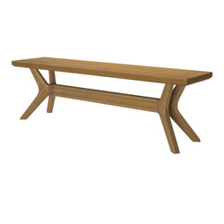 Mid-century modern wooden dining bench with angled legs.