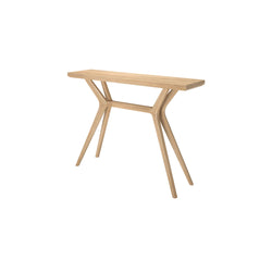 Modern wooden console table with sleek design and angled legs.