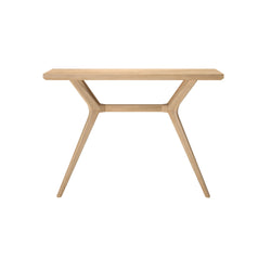 Contemporary wooden console table with minimalist design and angled legs.