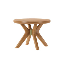 Modern wooden round side table with unique leg design on a white background.