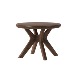 Round wooden coffee table with modern pedestal base design.