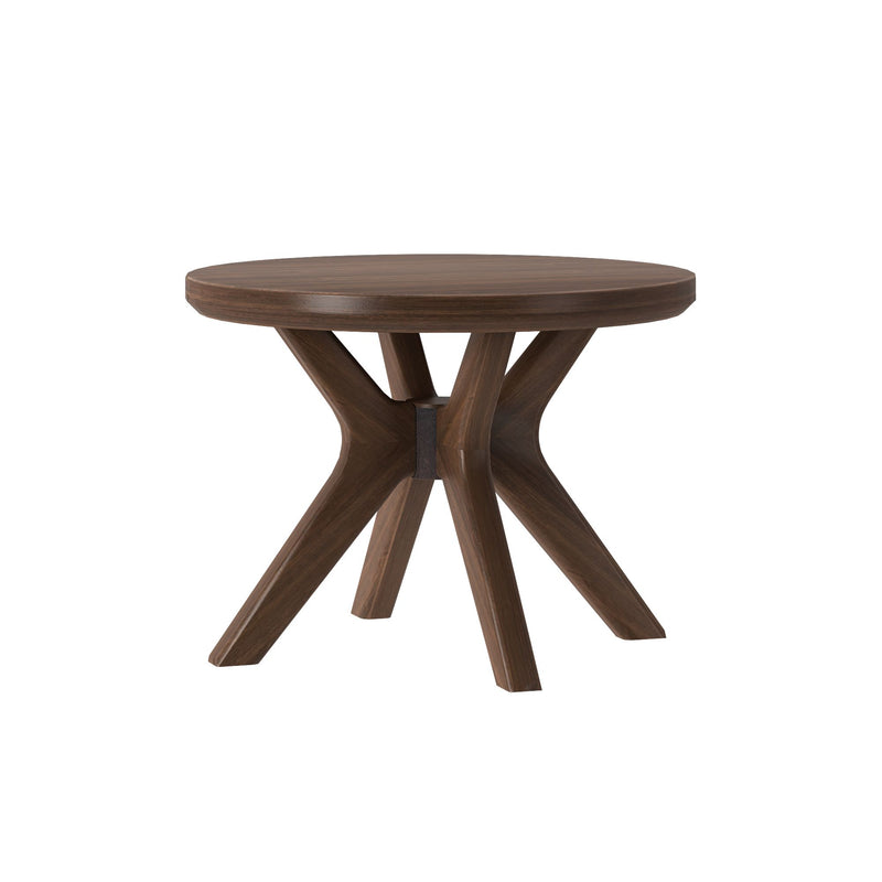 Round wooden coffee table with modern pedestal base design.