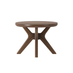 Round wooden coffee table with modern design and sturdy legs.