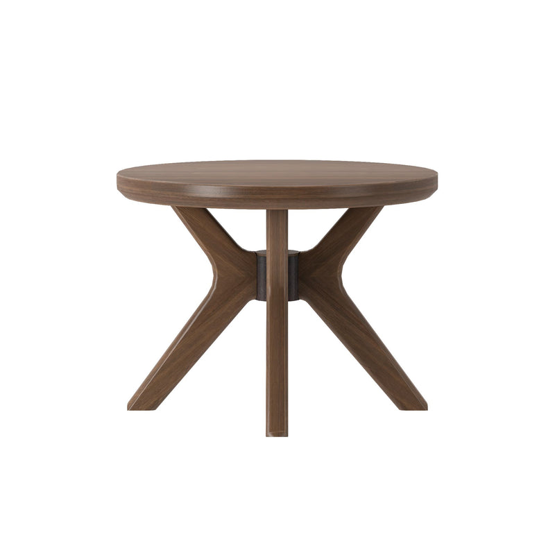 Round wooden coffee table with modern design and sturdy legs.