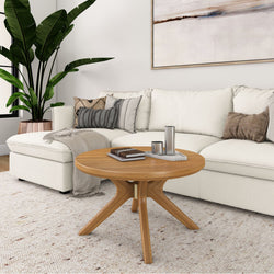 Modern living room with white sectional sofa, wooden coffee table, and indoor plant.