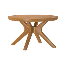 Round wooden dining table with unique cross-leg design.