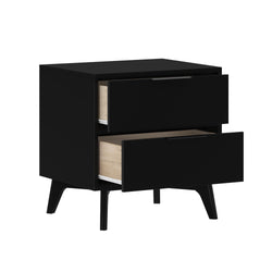 Black two-drawer mid-century modern nightstand bedside table with tapered legs and light wood drawer interiors