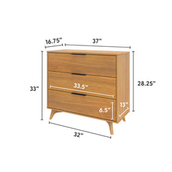 Mid-century modern three-drawer oak dresser with tapered legs and black pulls, compact 37" W x 16.75" D x 33" H dimensions labeled