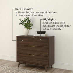 Mid-century modern three-drawer walnut dresser with sleek metal handles, vase with greenery and decorative bowl on top, natural wood finish; ships in one box with hardware for easy assembly