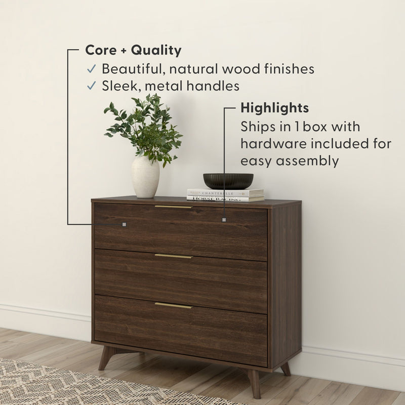 Mid-century modern three-drawer walnut dresser with sleek metal handles, vase with greenery and decorative bowl on top, natural wood finish; ships in one box with hardware for easy assembly