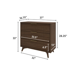 Mid-century modern walnut 3-drawer storage dresser with brass handles and tapered legs, 37" W x 16.75" D x 33" H