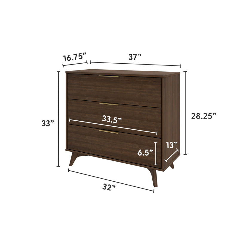 Mid-century modern walnut 3-drawer storage dresser with brass handles and tapered legs, 37" W x 16.75" D x 33" H