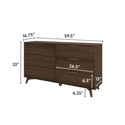 Mid-century modern six-drawer walnut dresser with brass handles and tapered legs, 59.5 in W x 16.75 in D x 33 in H, spacious bedroom storage
