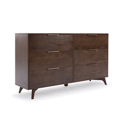 Mid-century modern dark walnut six-drawer dresser with metal handles and tapered legs