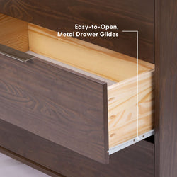 Open wood dresser drawer with easy-to-open metal drawer glides, light pine interior and dark walnut finish for bedroom storage