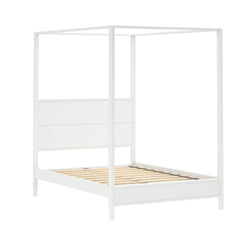 Modern white painted-wood canopy bed frame with four posts and wooden slat platform base, minimalist four-poster bed for contemporary bedroom furniture