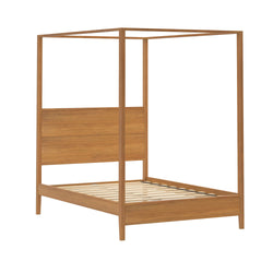 Minimalist solid wood canopy bed frame in natural oak finish, four-poster platform with slatted base — modern Scandinavian style
