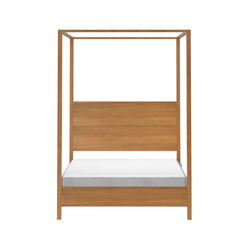 Minimal modern natural wood canopy bed frame with solid wood headboard and mattress on white background, ideal for contemporary wooden canopy bed and bedroom furniture