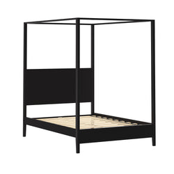 Black four‑poster canopy bed frame with slatted platform base, modern minimalist bedroom furniture