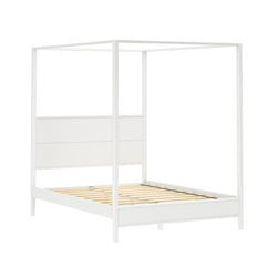 White minimalist canopy four-poster bed frame with slatted wooden base and paneled headboard, modern platform bedroom furniture