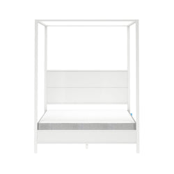 Modern white four-poster canopy bed frame with panel headboard and mattress, minimalist platform bed, contemporary bedroom furniture