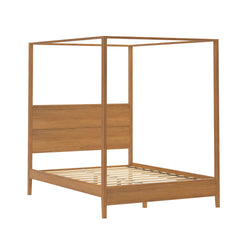 Modern natural oak wooden four-poster canopy bed frame with paneled headboard and slatted mattress base