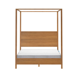 Minimalist modern wooden canopy platform bed frame in warm oak finish with simple headboard and mattress, contemporary bedroom furniture
