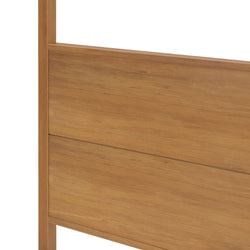 Close-up of natural oak headboard panel showing warm wood grain and smooth finish for modern wooden bed frame bedroom furniture