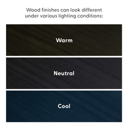 Three wood finish samples showing color shifts under warm, neutral, and cool lighting: warm amber, neutral gray, cool blue.