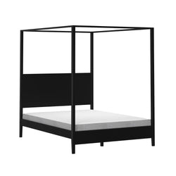Minimalist black metal canopy bed frame, four-poster platform bed with white mattress — modern bedroom furniture
