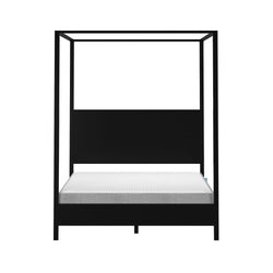 Modern black canopy bed frame with white mattress, minimalist platform canopy bed for contemporary bedroom furniture and décor