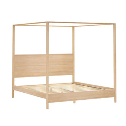 Light oak four-poster canopy bed frame with slatted platform base, modern minimalist wooden bedroom furniture
