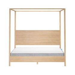 Minimalist light oak wooden canopy bed frame with paneled headboard and white mattress, modern Scandinavian four-poster platform bed