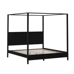 Modern black metal canopy platform bed frame with wooden slats and minimalist rectangular headboard, contemporary bedroom furniture