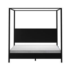 Modern black canopy bed frame with solid panel headboard and low-profile mattress, minimalist platform bedroom furniture