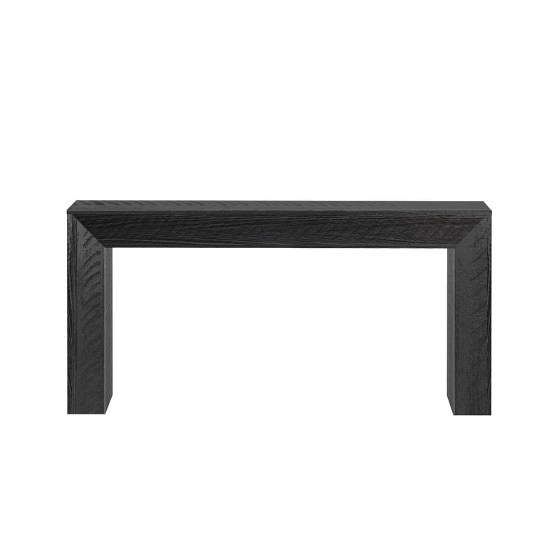Modern black wooden console table with textured wood grain, minimalist rectangular design, isolated on white background