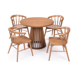Modern wooden dining table set with four chairs, ideal for contemporary home decor.