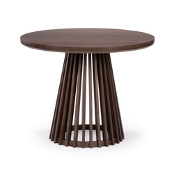Round wooden dining table with slatted pedestal base in dark finish.