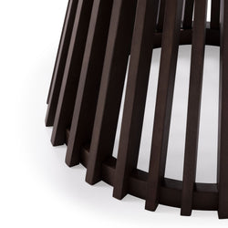 Dark wooden slatted table base design against white background.