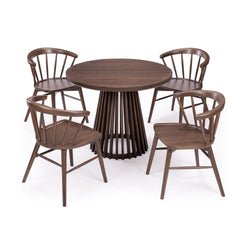 Modern wooden dining table set with sculptural base and four matching chairs.