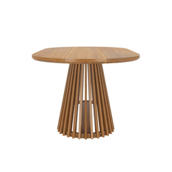 Modern round oak dining table with slatted pedestal base and extension leaf, mid-century modern style