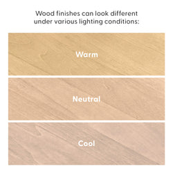 Three horizontal light wood finish samples labeled Warm, Neutral, Cool illustrating color variation of wood finishes under warm, neutral, and cool lighting conditions