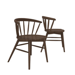 Two modern wooden dining chairs with curved backs and spindle design, perfect for stylish home decor.