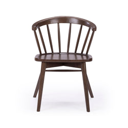 Wooden dining chair with curved backrest and spindle design.