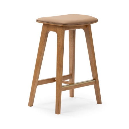 Mid-century modern oak wooden bar stool with tan padded seat and brass footrest — counter-height kitchen seating