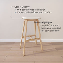 Mid-century modern wooden stool with curved cushion, ideal for easy assembly and comfort.
