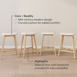 Mid-century modern wooden stools with curved cushions for comfort, easy assembly with included hardware.