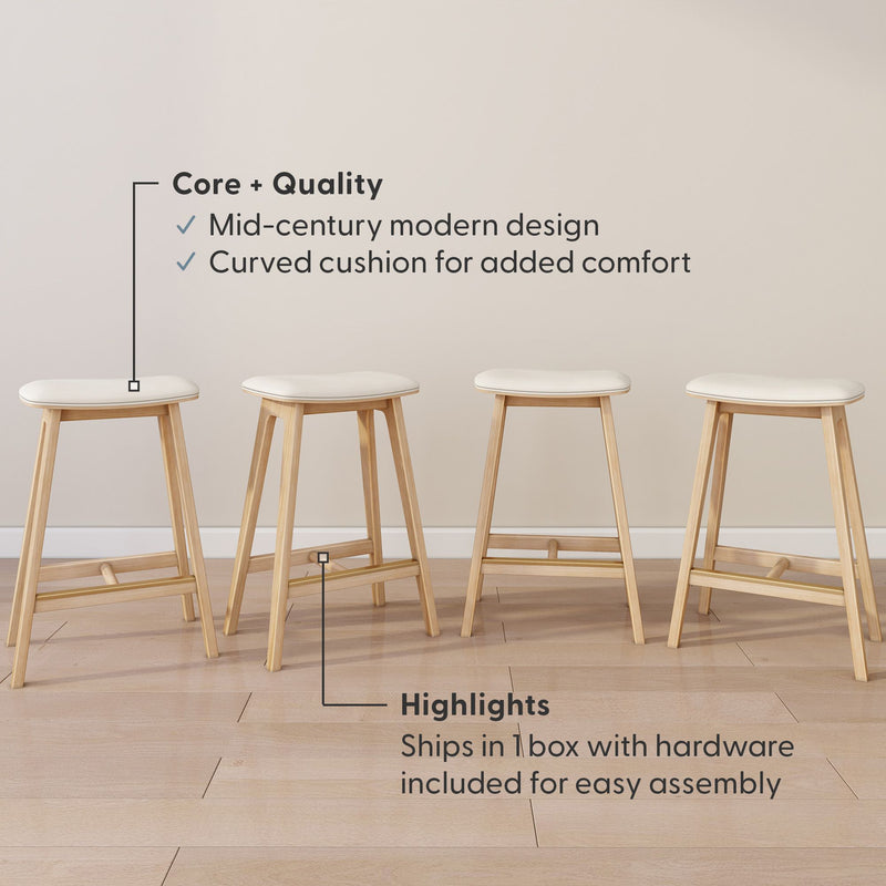 Mid-century modern wooden stools with curved cushions for comfort, easy assembly with included hardware.