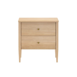 Light oak two-drawer nightstand with brass knobs and tapered legs, mid-century modern wooden bedside table for bedroom on white background